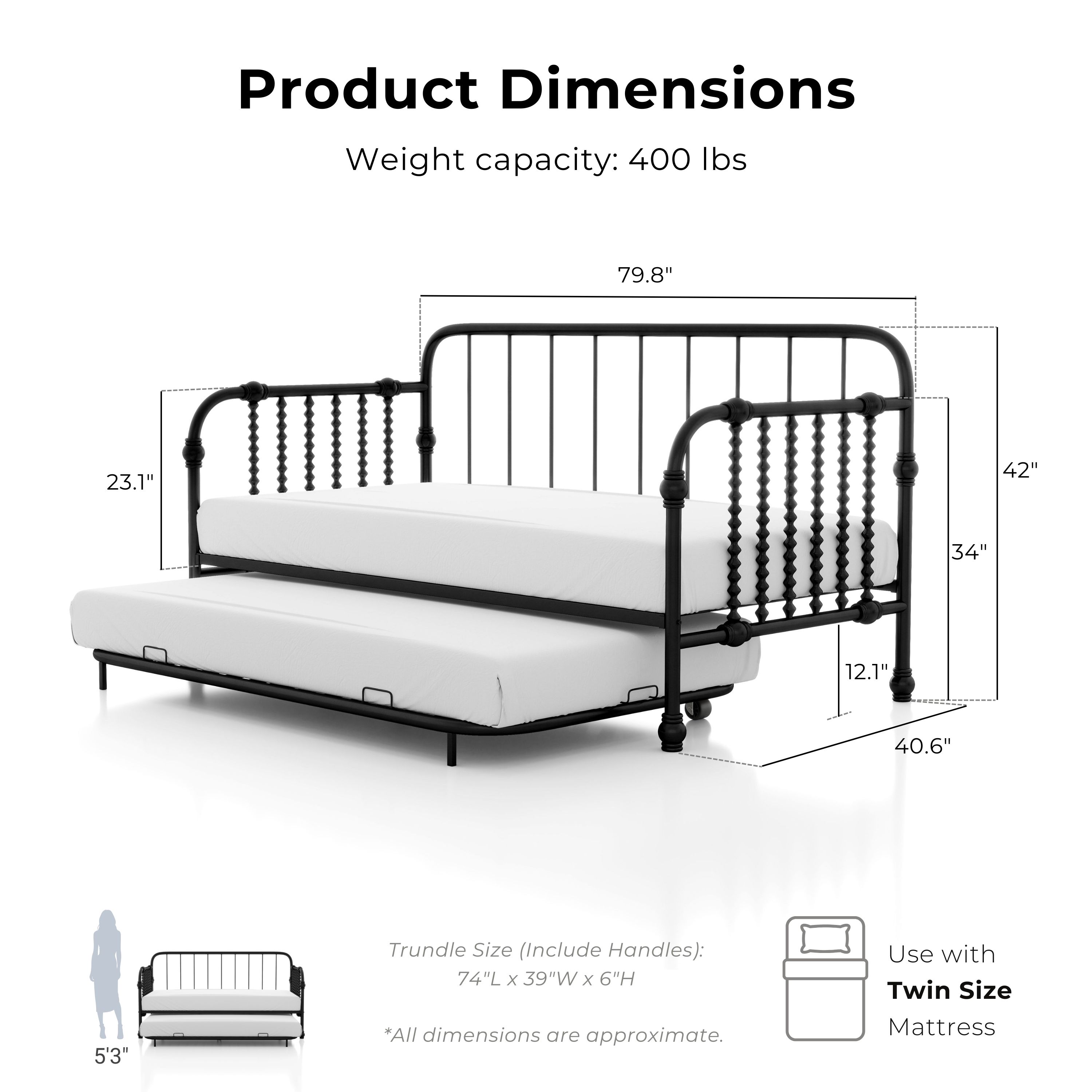 Furniture of America Wren Metal 2-Piece Twin Daybed with Trundle Set, Black
