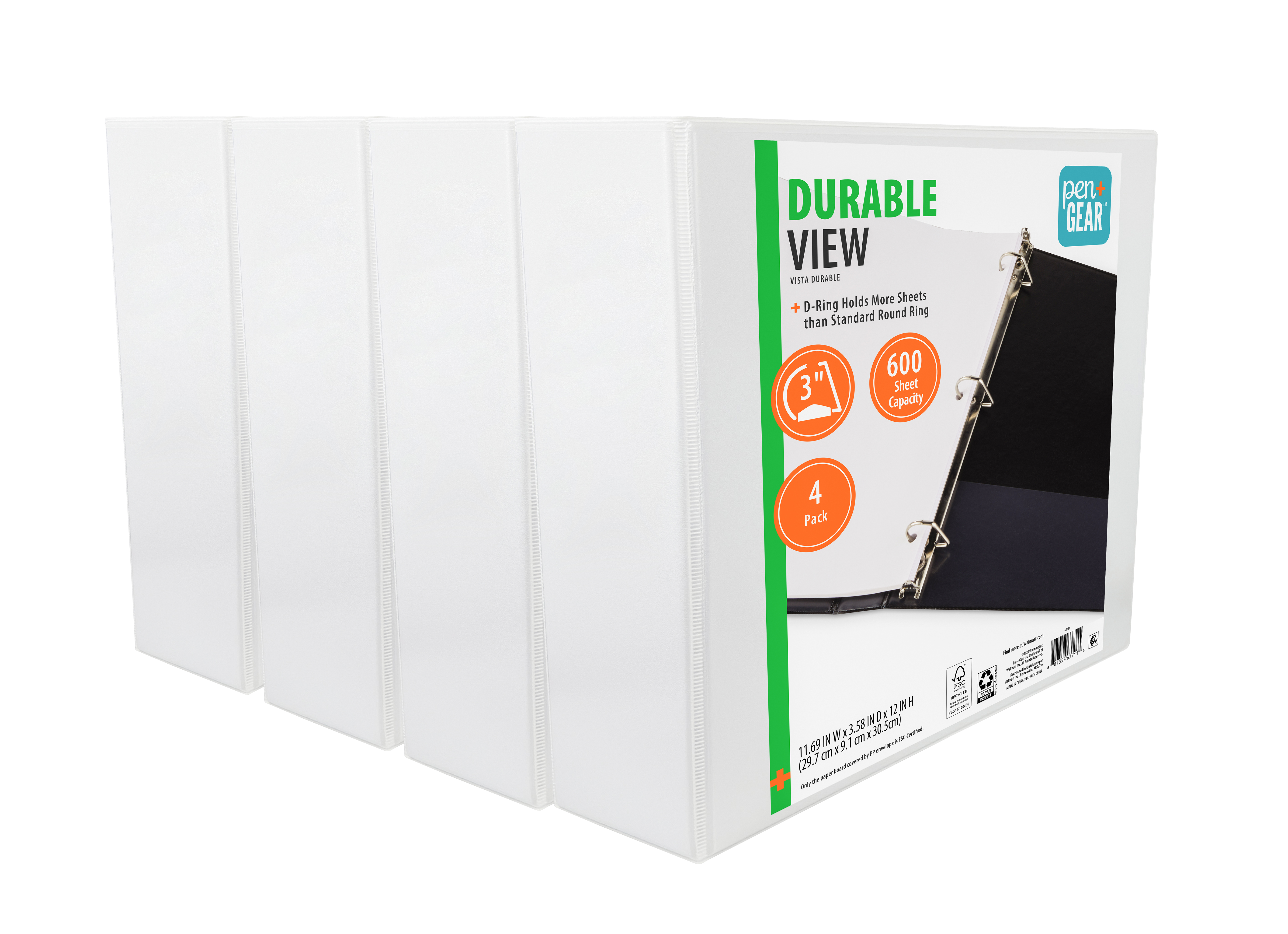 Pen+Gear Durable View 3-Ring Binder, 3" D-Rings, White, 4-Pack