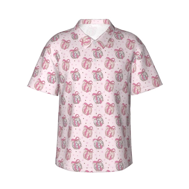 Fotbe Pink Disco Ball Camisa Hawaiana para Hombre Unisex – Camisa Casual de Verano con Botones de Manga Corta de Algodón y Lino,X-Large