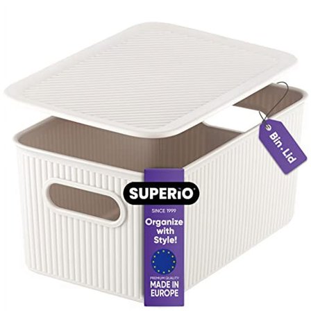 Superio 5L Small White Smoke Ribbed Storage Bin with Lid, Plastic Storage Basket
