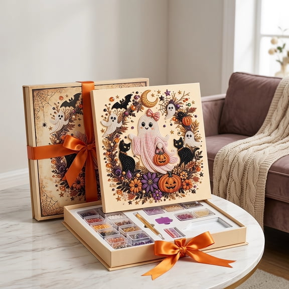 Halloween Ghost Pearl Art DIY Kit, Kid-Friendly Non-Scary Ghost Diamond Painting Kit, Pumpkin Black Cat Floral Motif Art Project, Halloween Party Decoration & Holiday Craft Gift, 1pc D