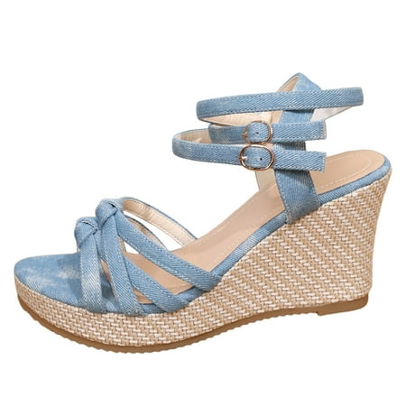 

Ediodpoh Women s Summer Large Size Thick Bottom High Heeled Straw Sandals Sandals Women Blue 37
