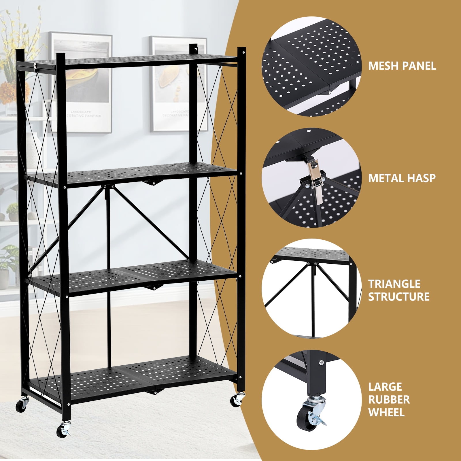 SUGIFT 4-Tier Foldable Metal Storage Shelf with Wheels, No Assembly, Heavy-Duty Organizer (600 lbs), Black