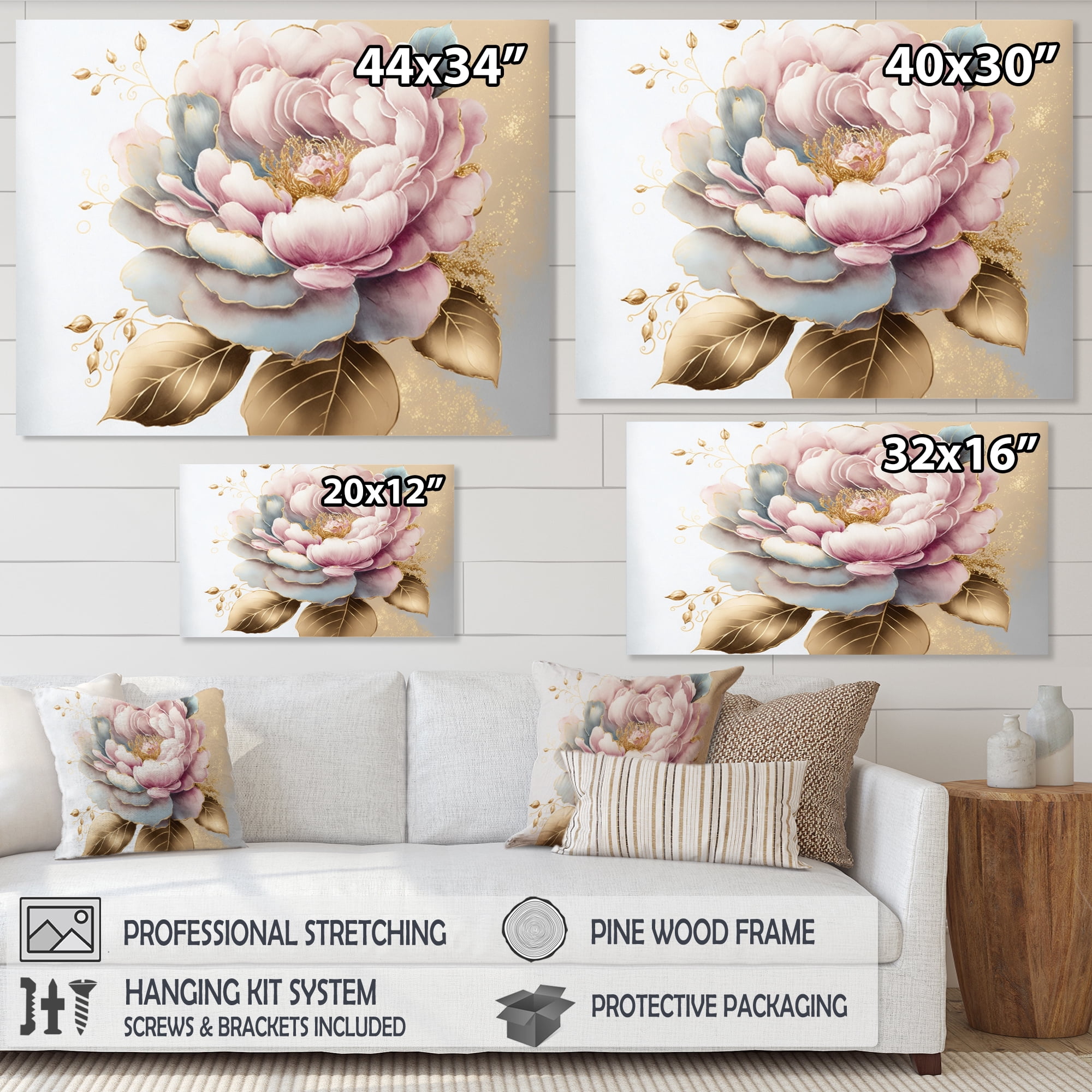 Designart Pink And Gold Camellia Flower I Canvas Wall Art