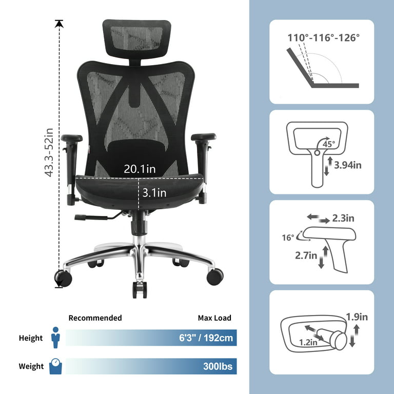 Sihoo M97B High Back Mesh Ergonomi Chair with Comfortable Headrest and Back  Support