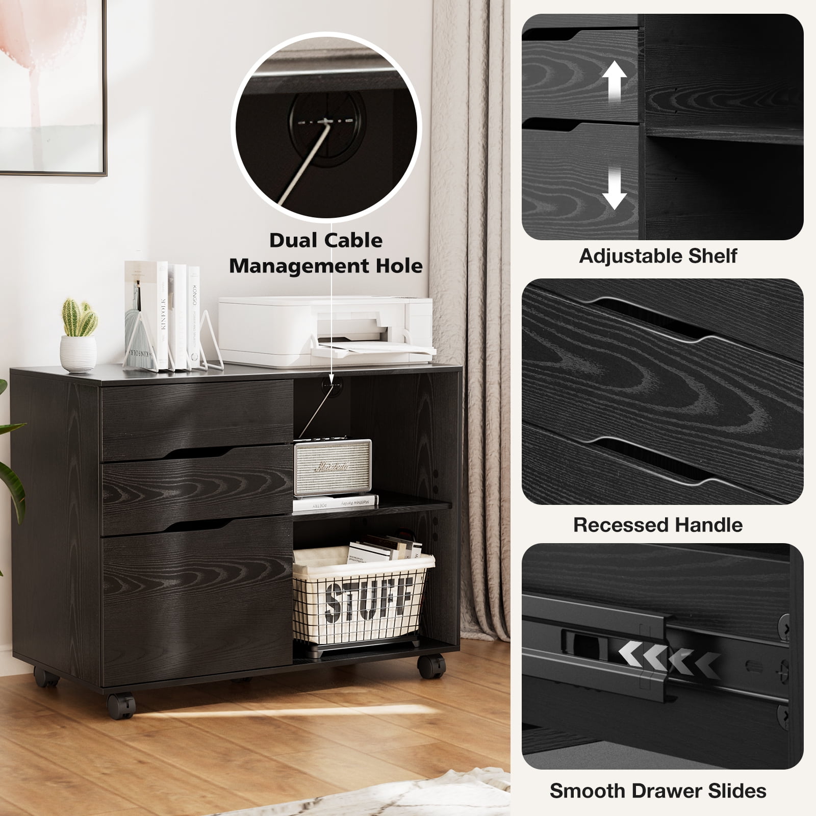 LIFERECORD 3-Drawer Rolling File Cabinet with Open Shelf, Fabric Filing Storage for Home Office, Black