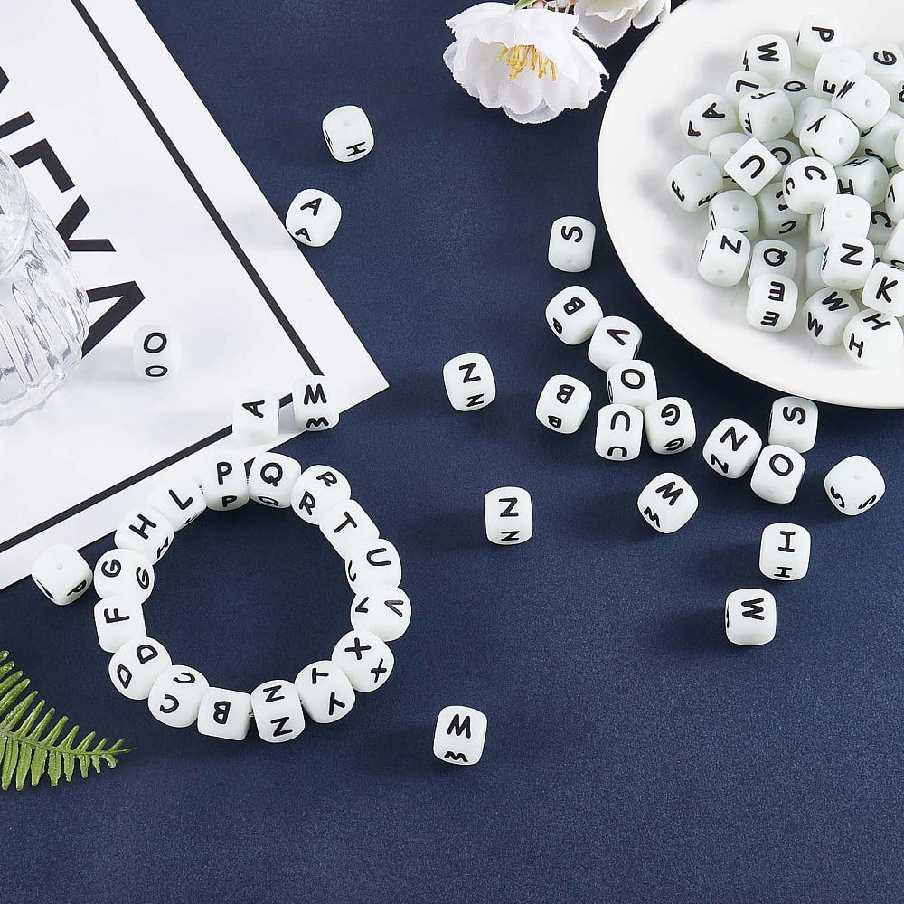 104 Pcs Luminous Cube Silicone Beads Letter Square Dice Alphabet Beads with 2mm Hole Spacer Loose Letter Beads DIY