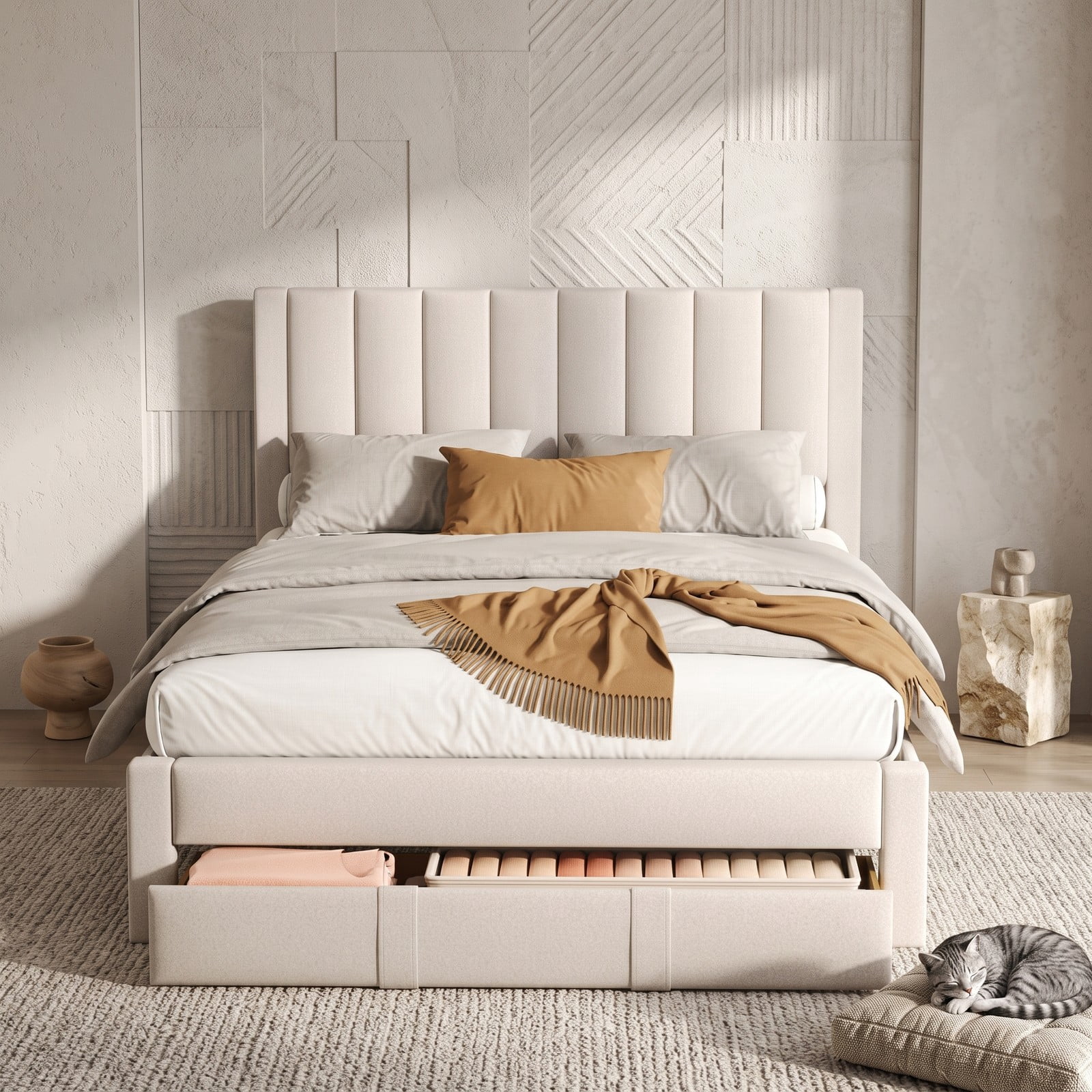 Furnibear Queen Size Bed Frame with Storage, Upholstered Platform Bed Frame with Wingback Headboard and Drawer, Queen Bed Frame No Box Spring, Beige