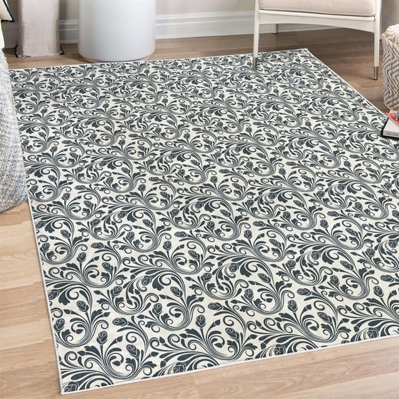 Floral Decorative Rug, Medieval Victorian Petals Baroque Blooms Swirls Flourish Spring Illustration, Quality Carpet for Bedroom Dorm and Living Room, 6 Sizes, Sea Blue, by Ambesonne