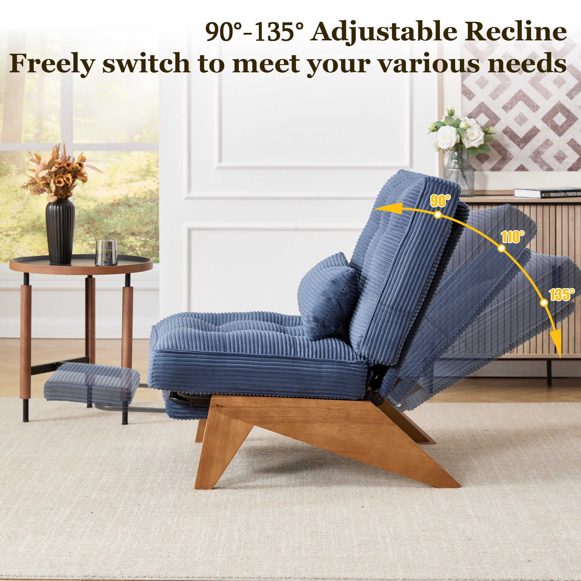MOONMISS Modern Adjustable Lounge Chair with Footrest,Wooden Base Upholstered Recliner for Reading Rest Corduroy