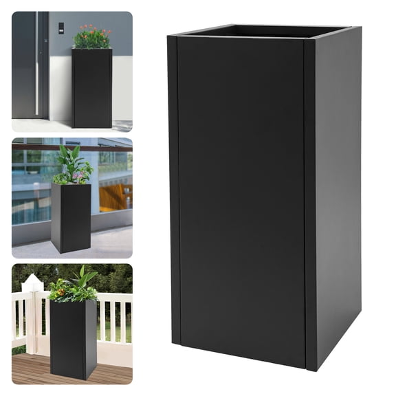 14×14×30 Inch Black Steel Planter Box with Removable Shelf & Drainage Hole for Garden Patio