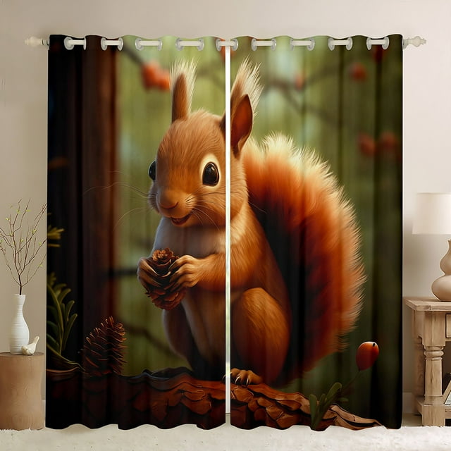 YST Rideaux Occultants 3D Écureuil 76x45 Rideaux Animaux de la Forêt Rideaux et Draperies Jungle Rideaux Rétro de Ferme Occultants Draperies de Fenêtre Arbre de Pin Décoration Brune