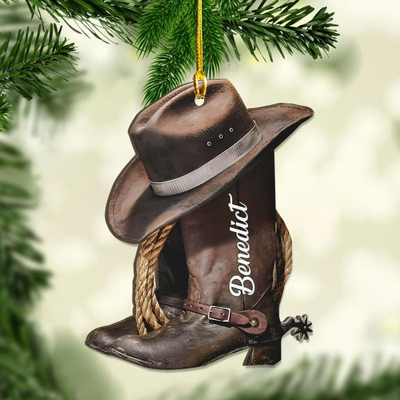 Personalized Cowboy Christmas Ornaments, Cowboy Boots and Hat Ornament for Cowboy, Saddle Ornament, Cowboy Cowgirl Horseback Riding Cowboys Ornament Tree Hanging Ornament Gift Xmas (CB N1) - 2730