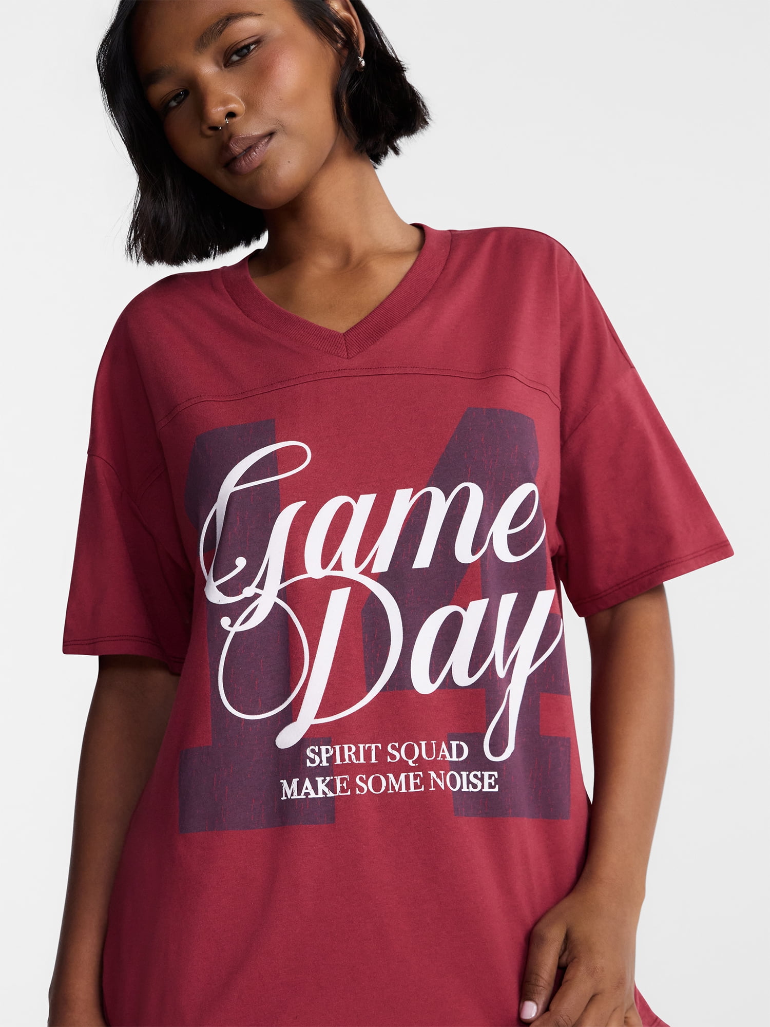 No Boundaries Oversized Graphic V Neck Football Tee, Women's XXS-XXL