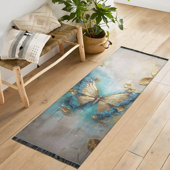 Butterfly Leaves Gold Runner Rug Machine Washable Area Rugs Carpet Non Slip Entryway Mat for Bedroom Entryway Front Door