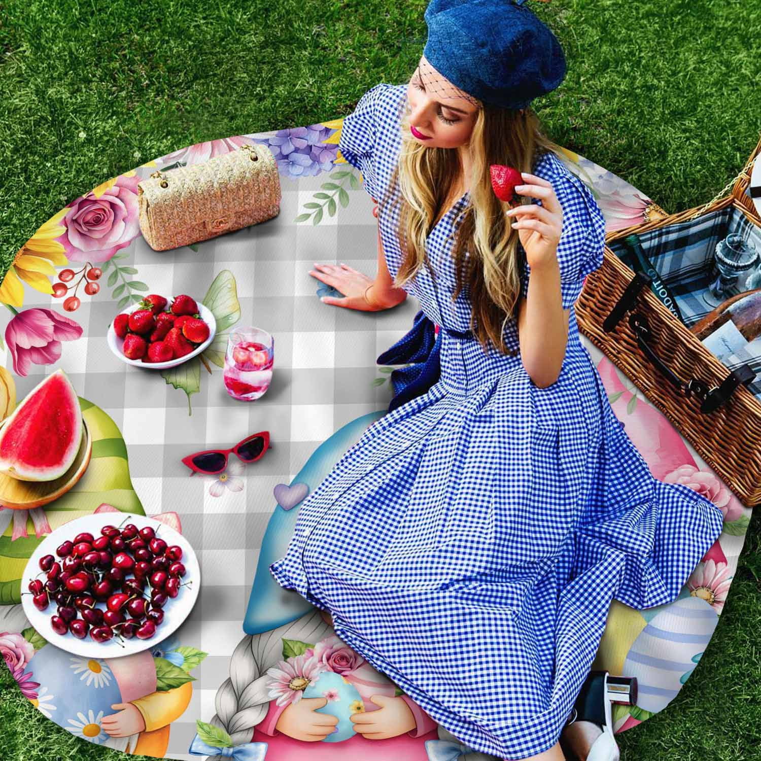 Round Tablecloth Spring Gnomes Easter Waterproof Oil Proof Polyester Table Cloth Cover Decor for Home Dining Outdoor,Patio,Parties, 54" Dia. Flowers Butterflies Grey Plaid
