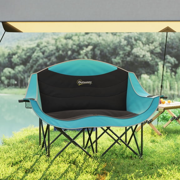 Oversized Double Camping Chair for Adults, Padded Folding Loveseat with Armrests, Cup Holders, 551 lbs Capacity, Green Metal Frame for Outdoor Patio, Beach, and Backyard