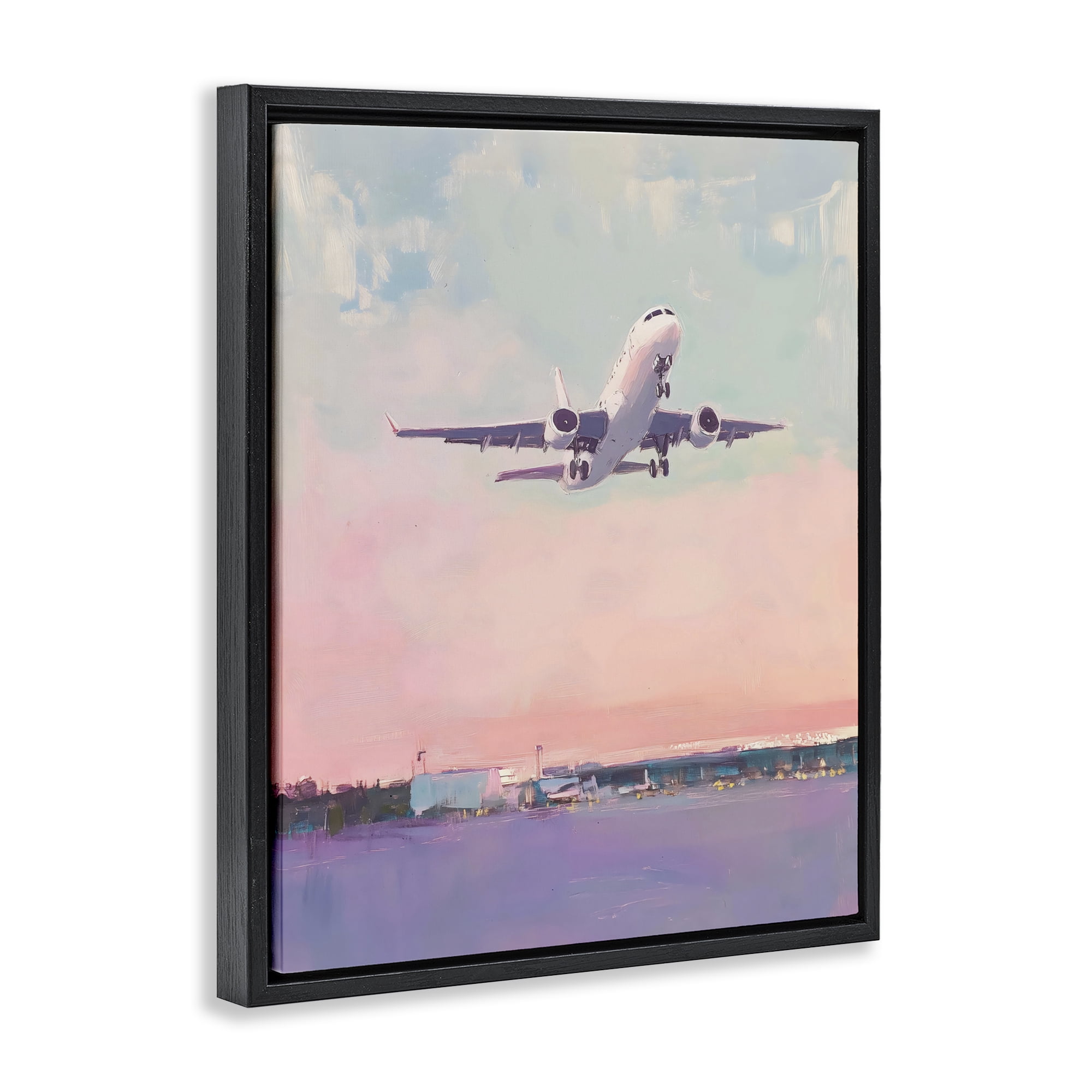 Stupell Industries Airplane Takeoff into Pastel Skies Black Framed Floater Canvas Wall Art, design by The Prints Vibe