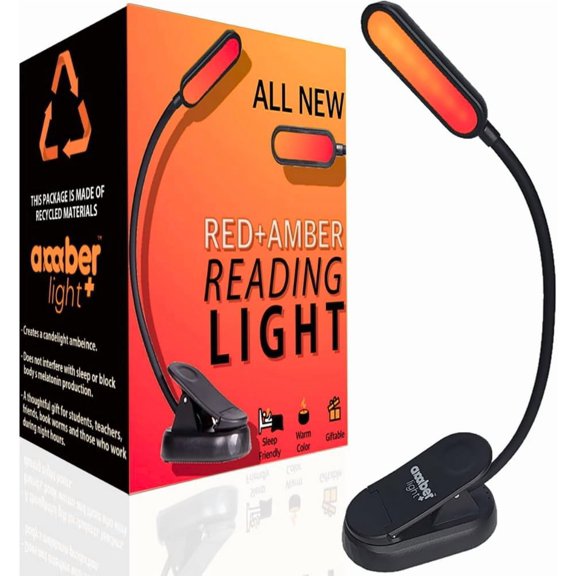Amber Reading Light Redlight. Giftable Blue Light Blocking Book Light for Reading in Bed
