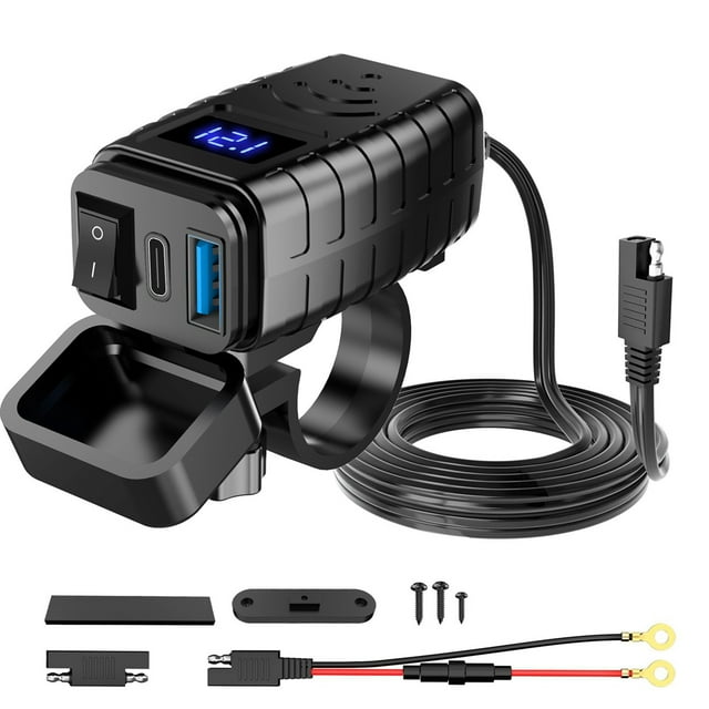 Motorcycle Phone Chargers PD3.0+QC3.0 Quick Charge Device Waterproof SAE to USB Adapter with On/Off Switch Real Time Voltage Display for Phone, Tablet, GPS Navigation
