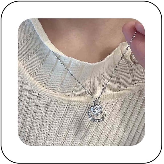 Bohemian Crystal Moon Choker Necklace Silver Star Collar Necklace Rhinestone Crescent Pendant Necklace Small Cz Dot Chain Necklace Jewelry for Women Gifts