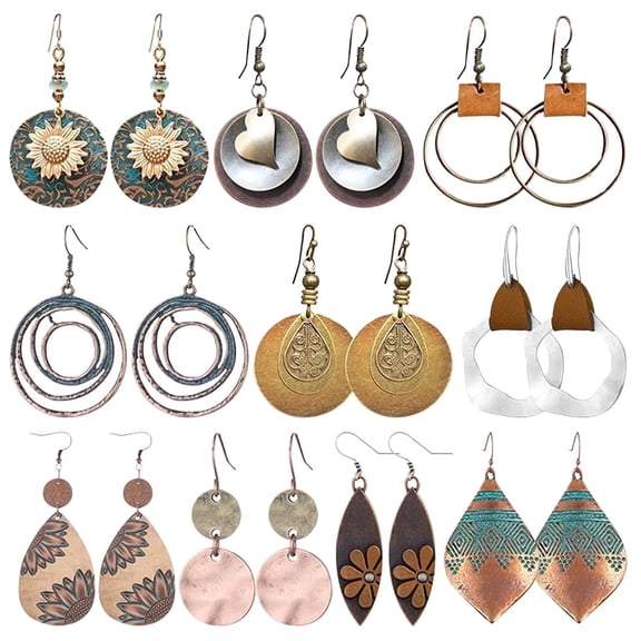 Kabuer Boho Vintage Earring Set, Sunflower and Geometric Teardrop Earrings, Gift for Women, 10 Pairs