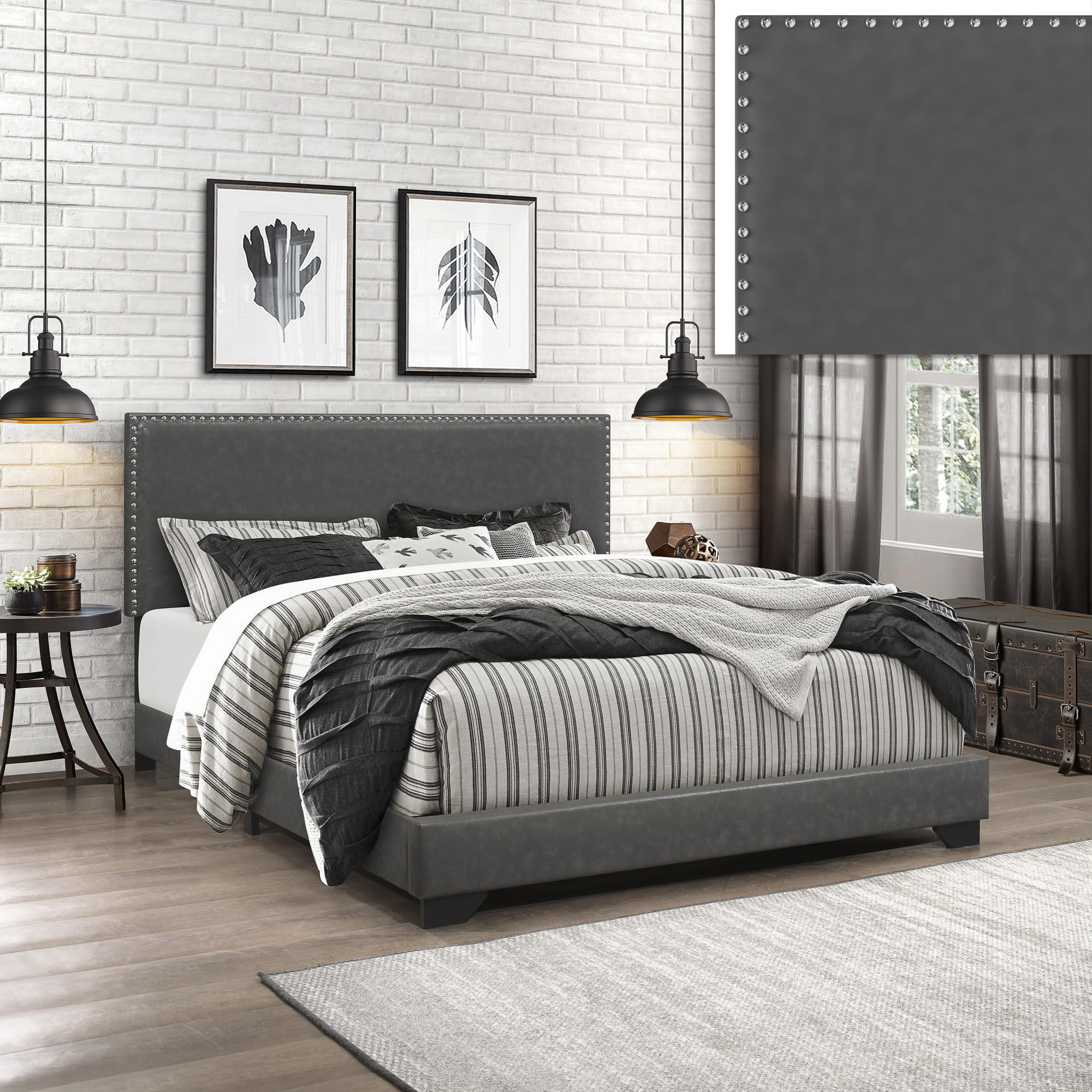 Willow Nailhead Trim Upholstered Queen Bed, Charcoal Faux Leather - image 5 of 16