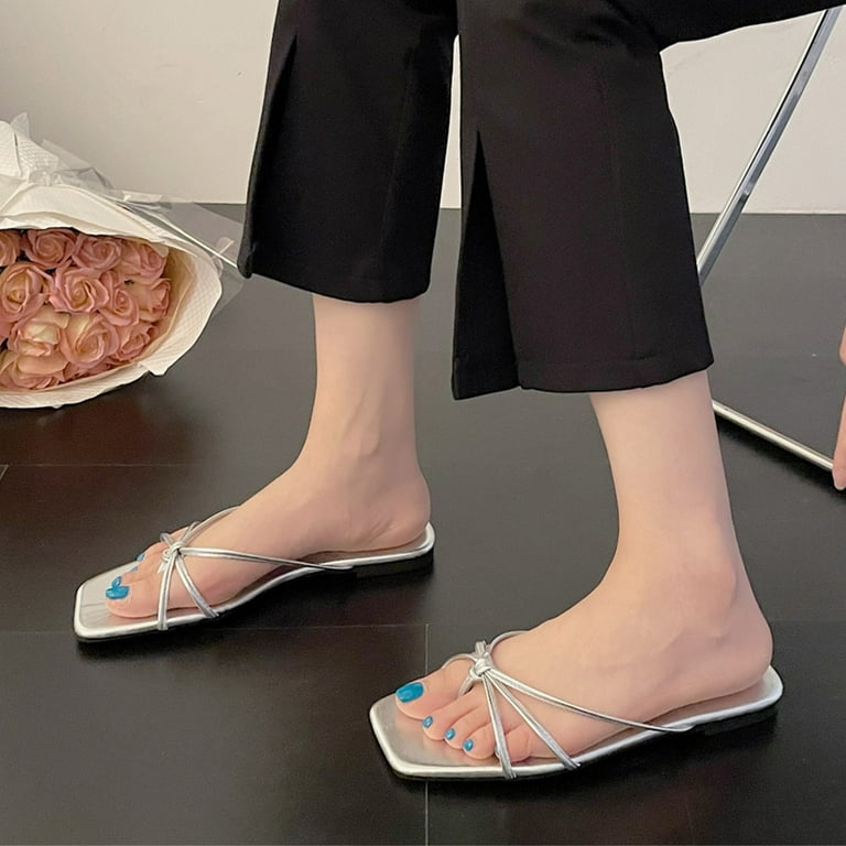 Fashion Summer Women Slippers Thin Strap Thong Flat Lightweight Comfortable Solid Color Sliders Slippers for Women Women Boot Slippers Big Slippers