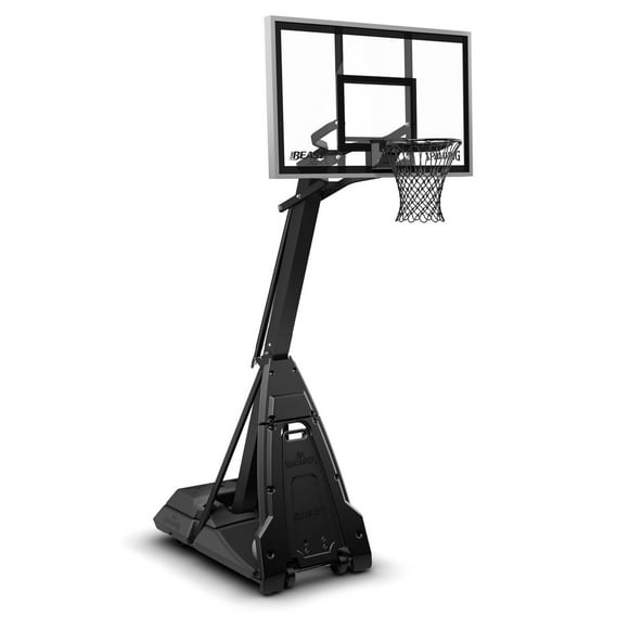Spalding The Beast Stealth Tempered Glass Portable Adjustable Basketball Backboard, Hoop & Net System w/ Breakaway Rim, 60-in