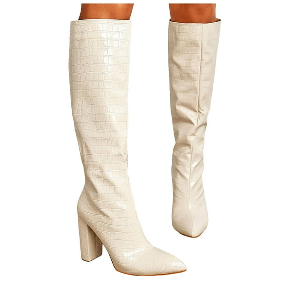 Juosiy Knee High Boots for Women Chunky Heel Wide Calf Riding Booties Classic Dressy Heels Shoes