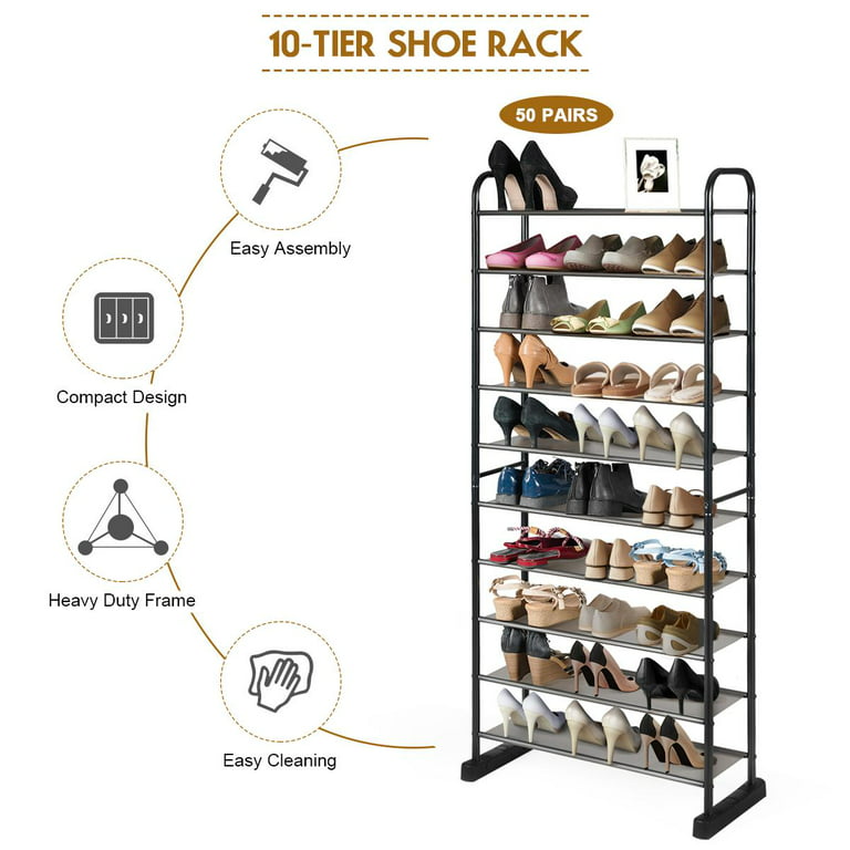 10 Tier Free Standing Shoes Rack Space Saving Shoes Organizer - Black