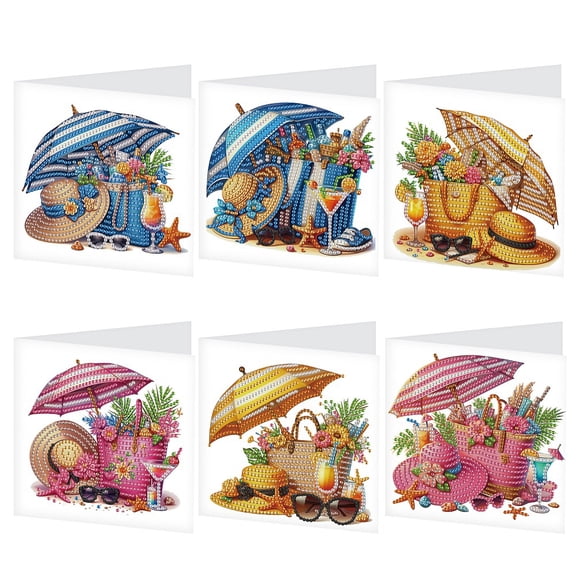 6pcs Diamond Painting Kit Greeting Card, Summer Cool 5D DIY Diamond Handmade Holiday Greeting Card with Envelope, Christmas Gift Congratulation