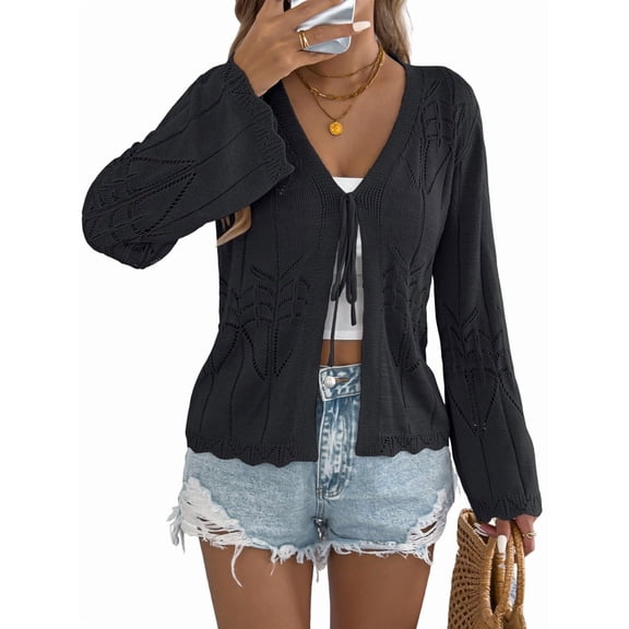 Women Crochet Long Sleeve Loose Casual Open Front Cardigan Drape Sweaters Boho Summer Beach Coverups Black S