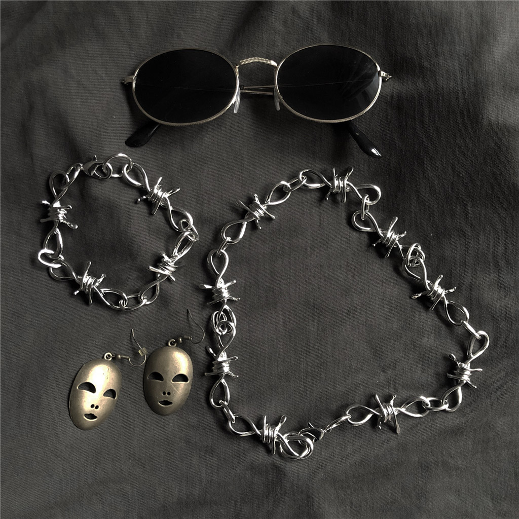 HGYCPP 1 Set Men's Punk Gothic Alloy Barbed Wire Brambles Necklace Bracelet Jewelry Set - image 2 of 15
