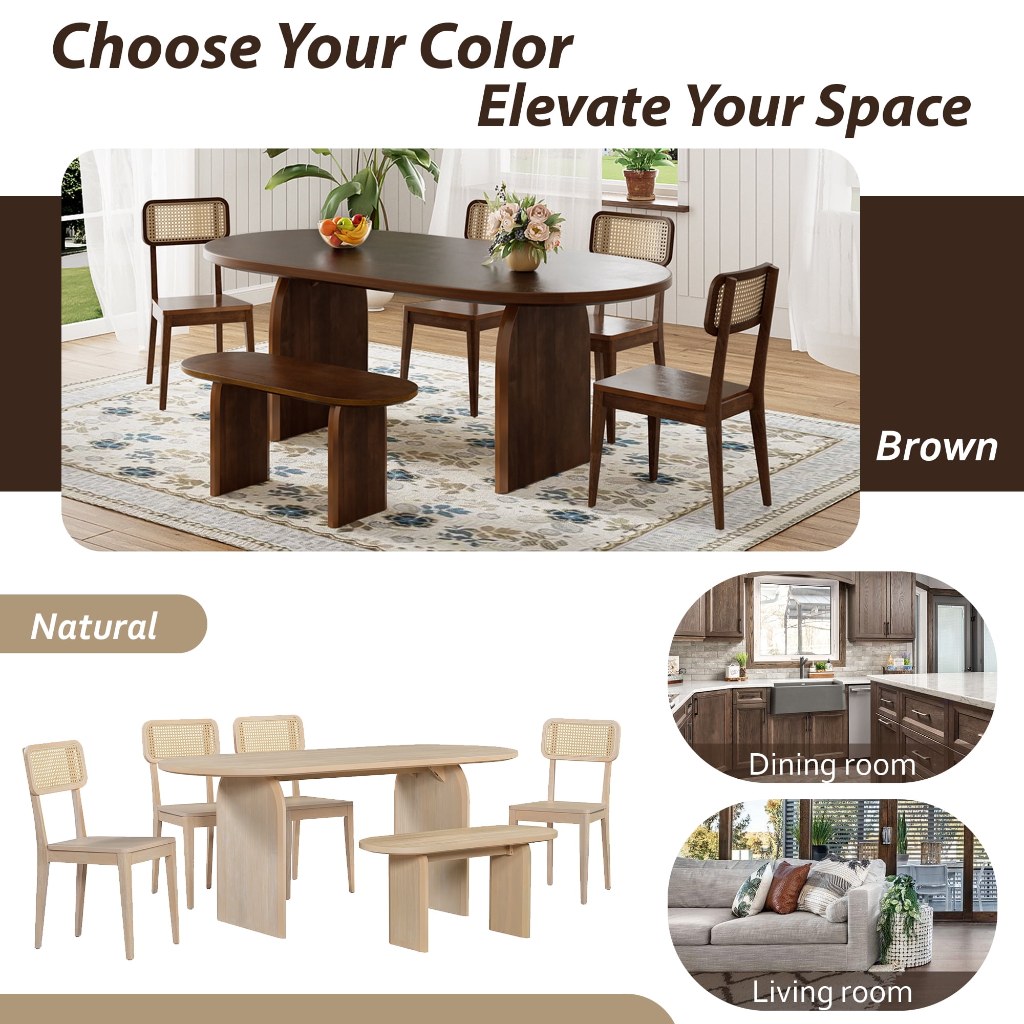 6 Piece Dining Table Set for 6, 71" Oval Dining Table with 4 Chairs and Bench