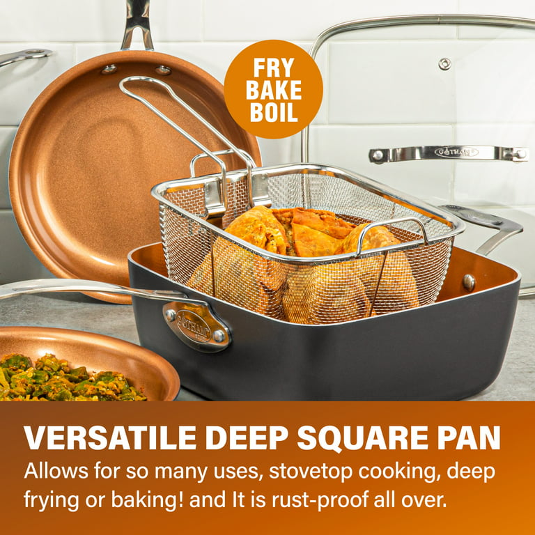  4-pc Deep Square Copper Cookware Pan Set, 6-in-1, You can bake,  deep-fry, roast, steam, saute or broil, with just this one pan! Includes  two easy dual pour spouts and beautiful slate
