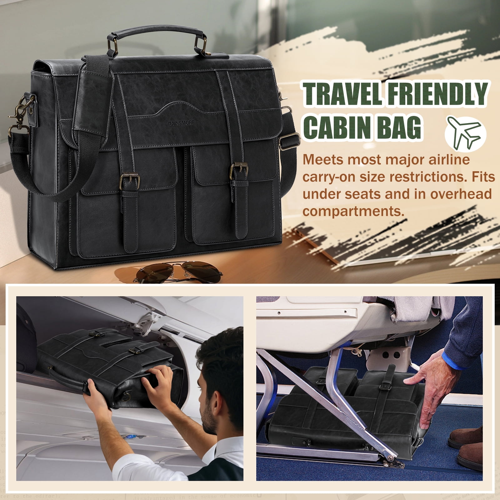RAINSMORE Mens Messenger Bag 17 Inch Vintage Leather Laptop Briefcase Magnetic Closure Large Satchel Computer Shoulder Bag,Black