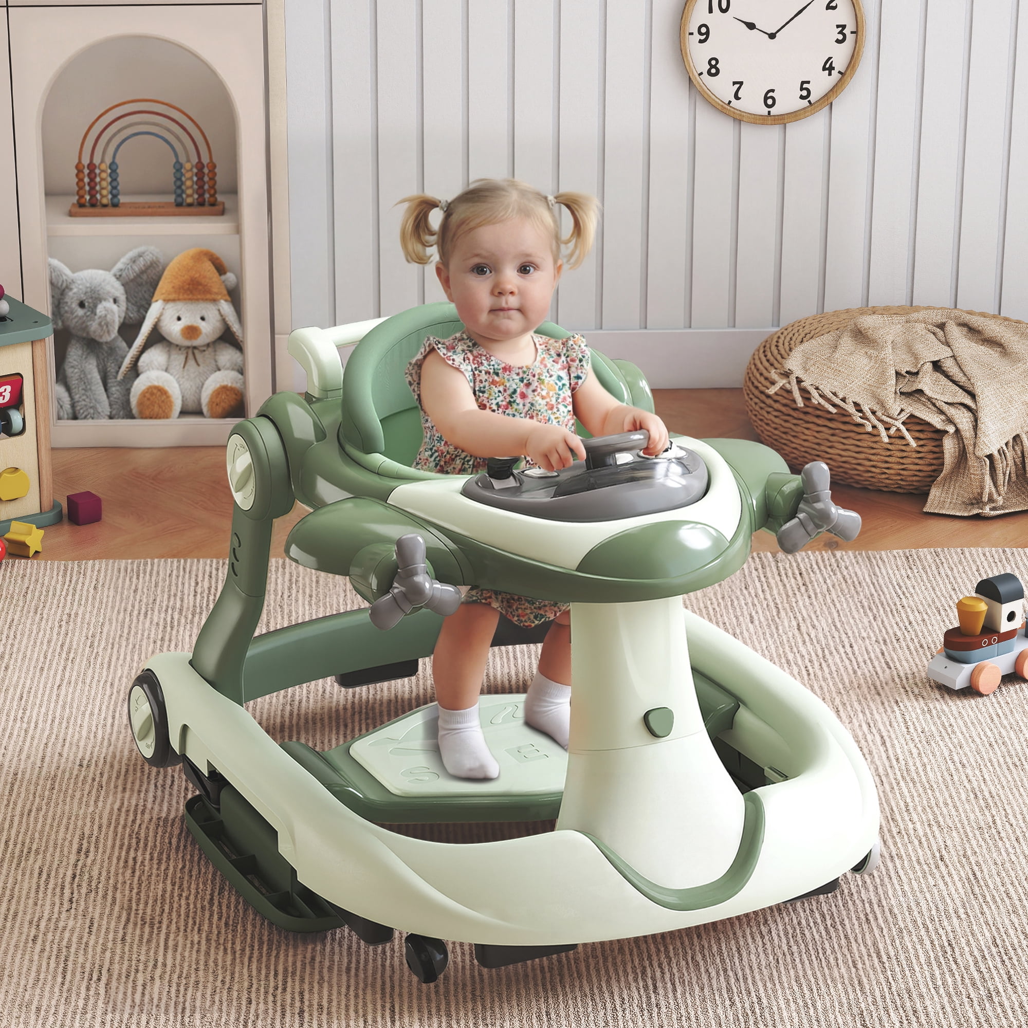 AILEEKISS 5-in-1 Musical Baby Walker with Wheels, Foldable Baby Walker for Boys Girls, Green