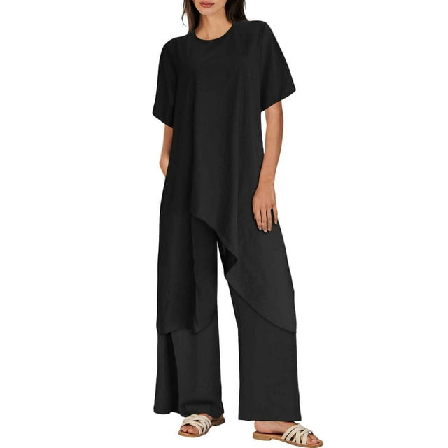 Conjunto de dos piezas de lino para mujer: top de manga corta y pantalones, ropa deportiva informal, varias tallas disponibles