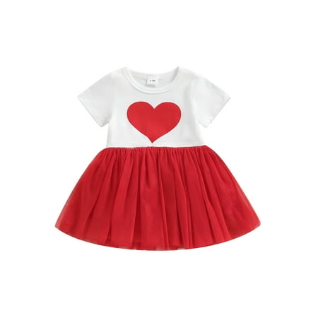 

Seyurigaoka Baby Girl Valentine’s Day Mesh Dress Red Heart Print Short Sleeve Round Neck Tutu Dress