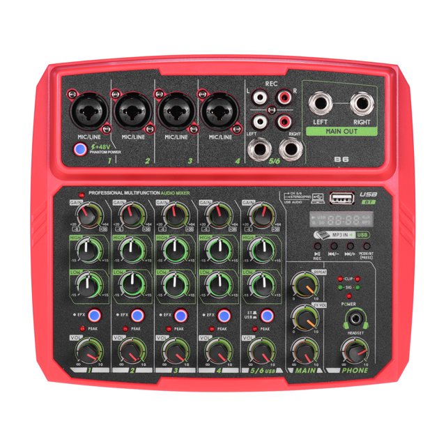 B6 Portable 6 Channels Audio Mixer USB Mixing Console Supports BT Connection with Sound Card Built-in 48V Phantom Power