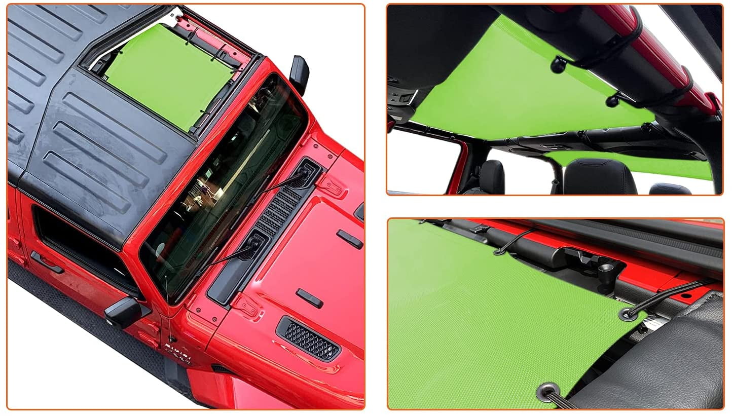 Shadeidea JL Sun Shade for Jeep Wrangler 2 Door Top Sunshade ( 2018 - Current ), Front & Rear - Green Mesh Screen Wrangler Cover, UV Blocker with Grab Bag Pouch - 10 Years Warranty