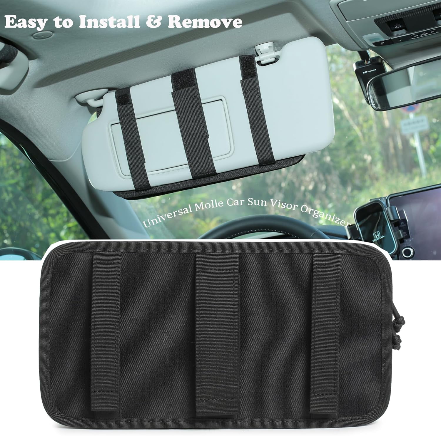 Heavy Duty Molle Car Sun Visor Organizer - Tactical Accessories with Zipper Storage Pouch,Glasses Clip and Card Sleeve Pocket, Multi-Pocket Pouch for Cars SUVs Trucks