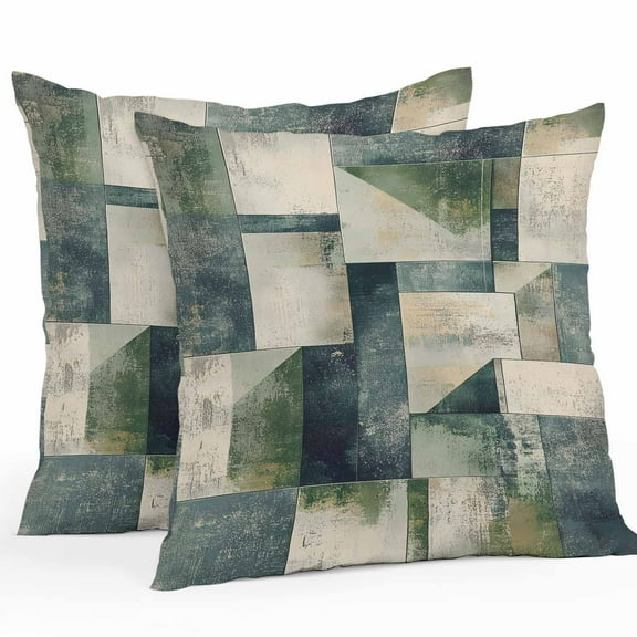 Sage Green Geometric Waterproof Outdoor Throw Pillow Covers 18''x18'' Pack 2, Pillow Cases Throw Cushion Cover with Zipper, Vintage Teal Modern Abstract Art Washable Pillowcase for Poolside Sofa