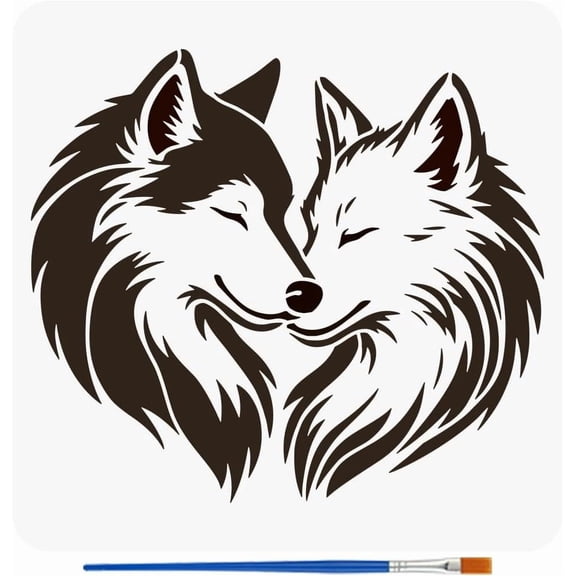 Wolf Couple Stencils with a Brush 11.8x11.8Inch Wolf Lover Painting Stencil Reusable Wolves Hearts PET Stencil Wild Animal Theme Decoration Template for Wood Wall Floor Furniture Tiles
