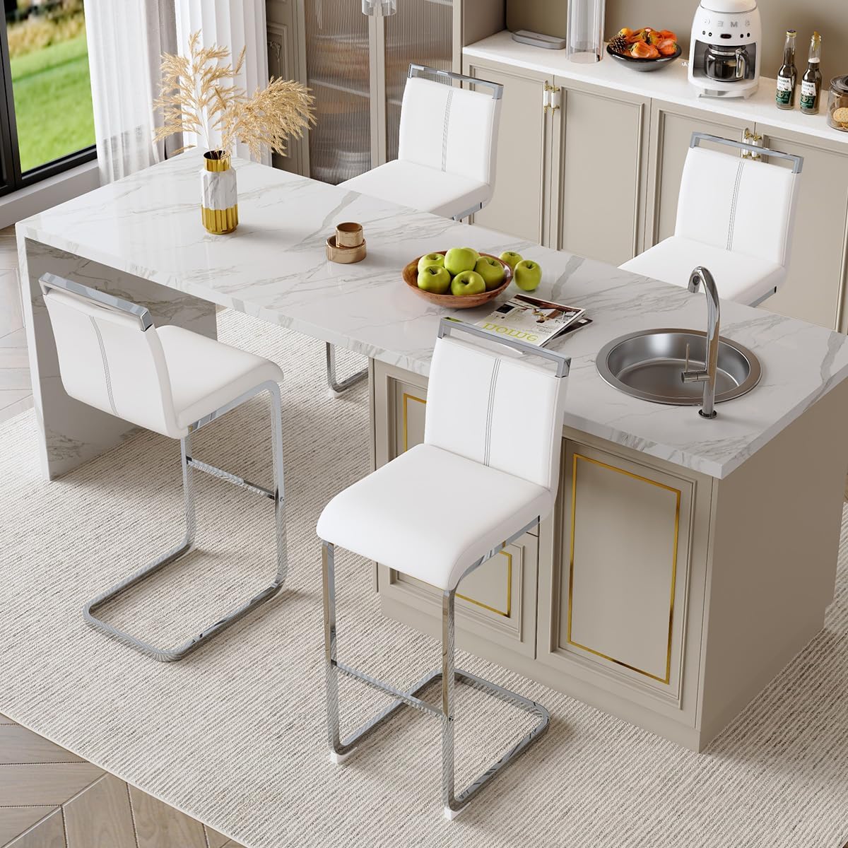 Lecut 30" Counter Height Bar Stools Set of 4, Modern Upholstered PU Leather Bar Stools with Back and Silver Chrome Plated Metal Frame, Armless Bar Chairs for Kitchen Island (White+Silver)