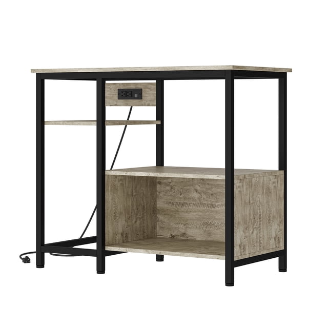 yeshouse soporte para pecera de 40-50 galones gris, vista frontal 3/4 con estructura metálica negra y tableros gris madera, estante superior para acuario, nivel intermedio, dos compartimentos tipo cajón abiertos, patas ajustables y panel con toma, mide 93 x 48 x 78 cm, ideal para almacenar alimento, redes y accesorios en hogar u oficina; también suele usarse como soporte para macetas o decoración.
