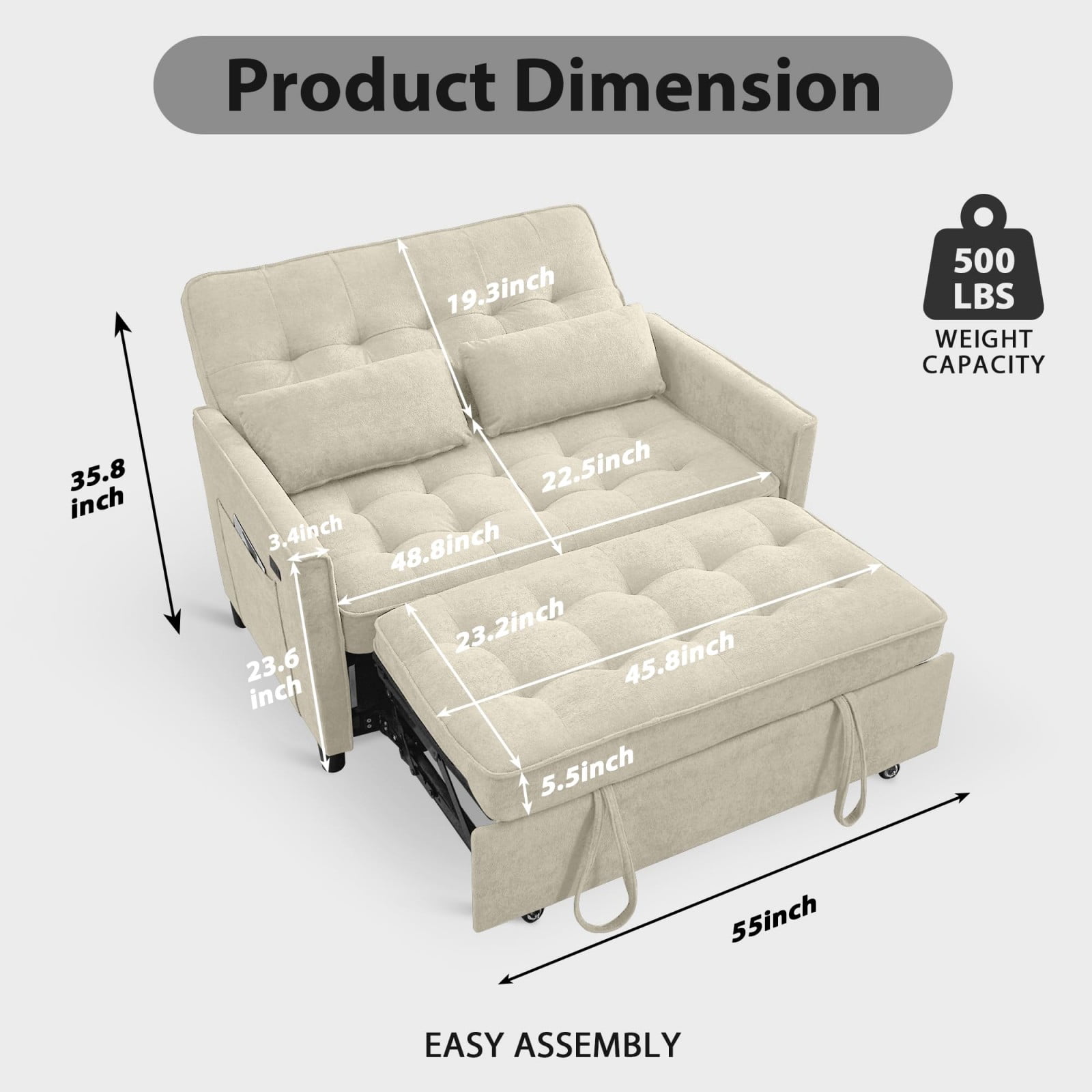 Convertible Sofa Bed, 3 in 1 Pull Out Couch Loveseat Sleeper with USB Charging Port, Adjustable Backrest, Side Pocket, Fabric Couch for Living Room Apartment, Beige
