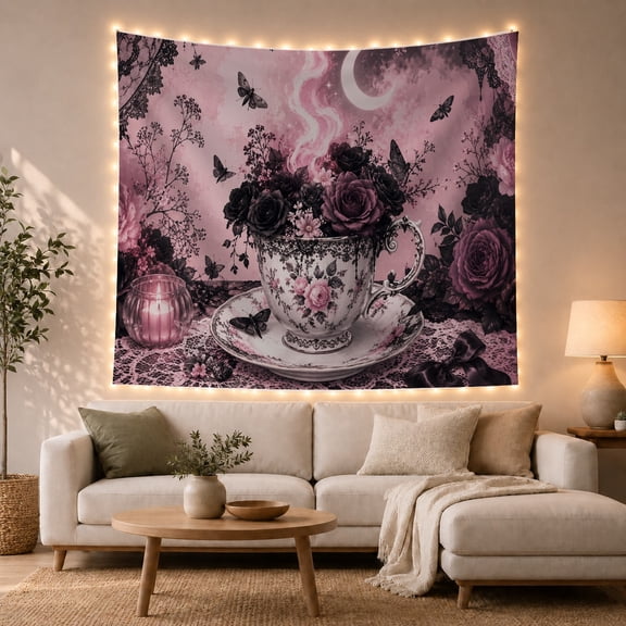 Ornate Teacup with Black Roses and Moths in a Dreamy Pink Setting, Dreamy Gothic for Dark Art Lovers, Floral Decor Art Print, Birthday Gift Tapestry Wall Hanging for Bedroom and Living Room