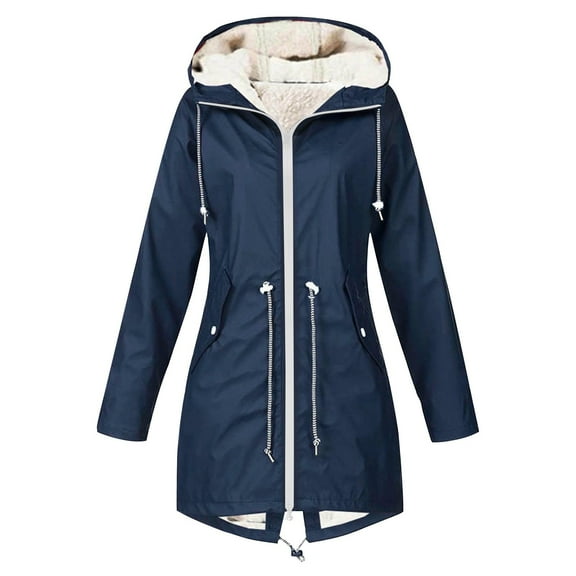 XPMWRP Women's Travel Hiking Hooded Fleece Jacket Waterproof Outdoor Long Sleeved Casual Coats Solid Color Windbreaker Zip Up Trench Jacket Blue L